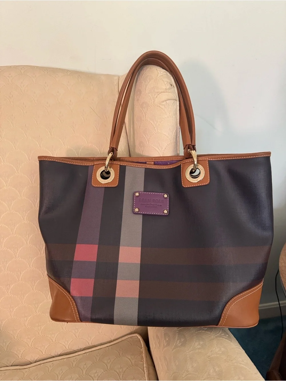 Plaid Canvas Tote with Brown Trim by Bean Pole